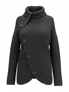 Zenana Outfitters Dark Gray Waffle Knit Asymmetric Button Turtleneck